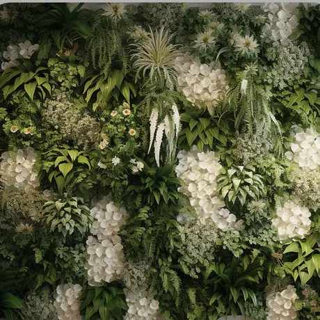 Botany Floral Wall backdrop: dense green foliage with white blooms