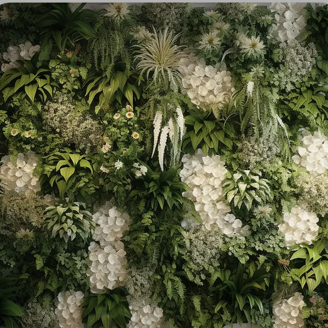 Botany Floral Wall backdrop: layered green foliage with white blooms