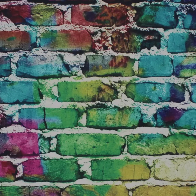 Graffiti Brick backdrop: spray-painted brick in teal, lime, magenta and gold over white mortar