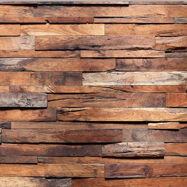 Staggered Wood backdrop: warm reclaimed timber planks in staggered courses