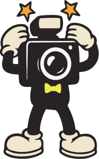 Flash, the Trendy Booth camera mascot, throwing both hands up with stars over his head