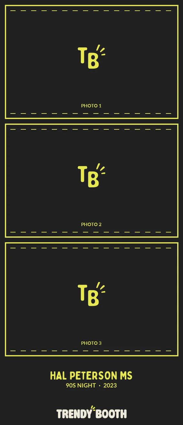 A 2x6 print template design: three empty photo wells above the school name, the event theme, the year, and the Trendy Booth wordmark