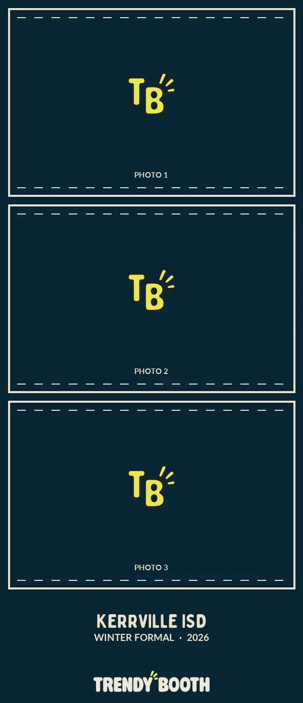 A 2x6 print template design: three empty photo wells above the school name, the event theme, the year, and the Trendy Booth wordmark