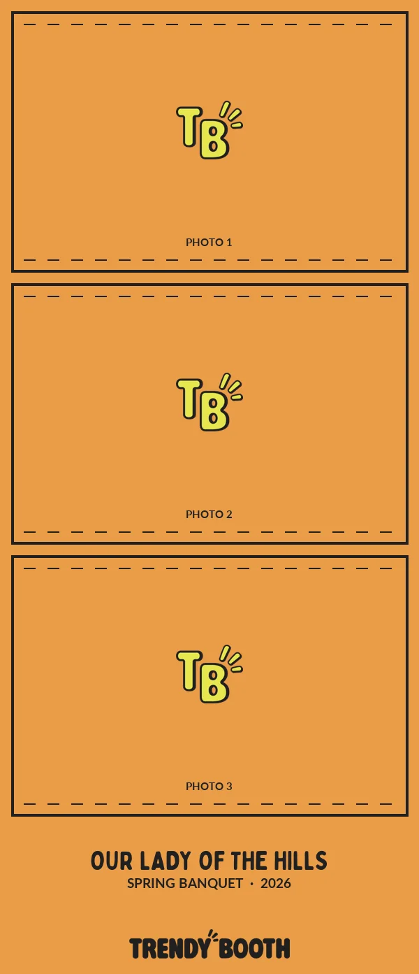 A 2x6 print template design: three empty photo wells above the school name, the event theme, the year, and the Trendy Booth wordmark